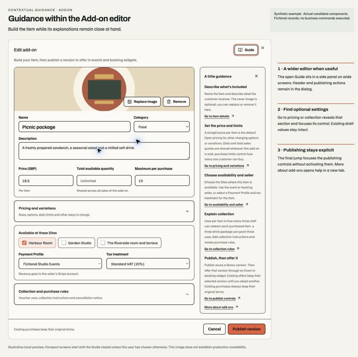 Add-on item card with optional guidance, unchanged controls and explicit publication.