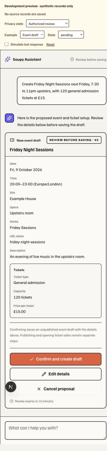 Synthetic narrow-screen Assistant review showing a revised draft Event proposal