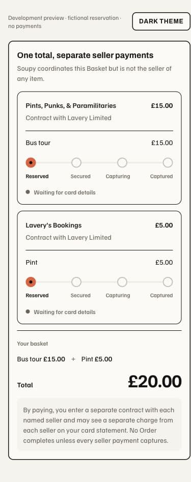 Fictional mobile Basket payment summary with item amounts under each seller and an addition summary above the total