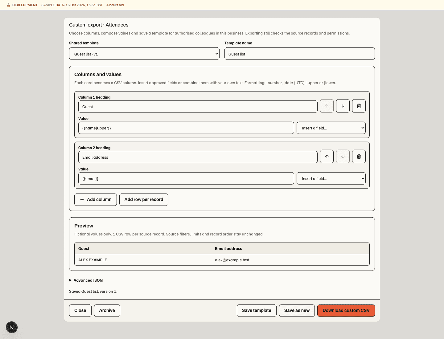 Custom export editor with a shared Guest list template, two configurable columns, a fictional preview and separate save and download actions