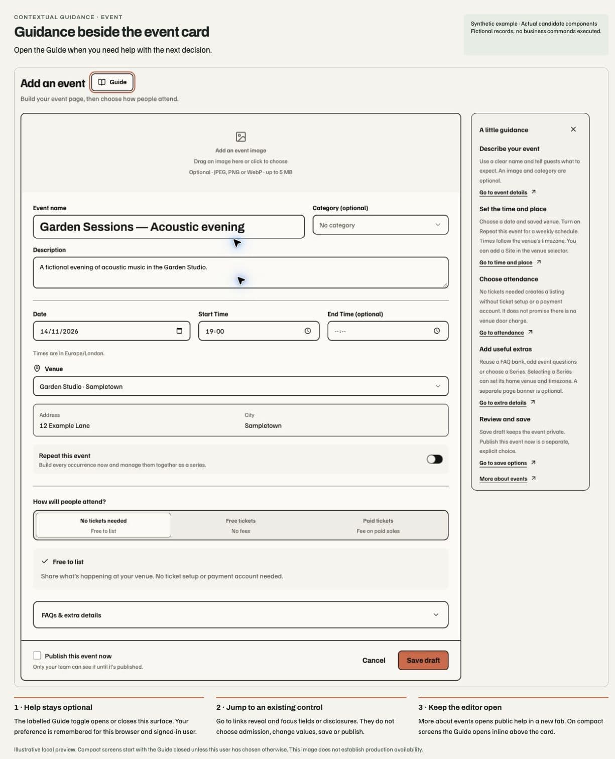 Event creation card with optional Guide, contextual topics and safe navigation to existing controls.