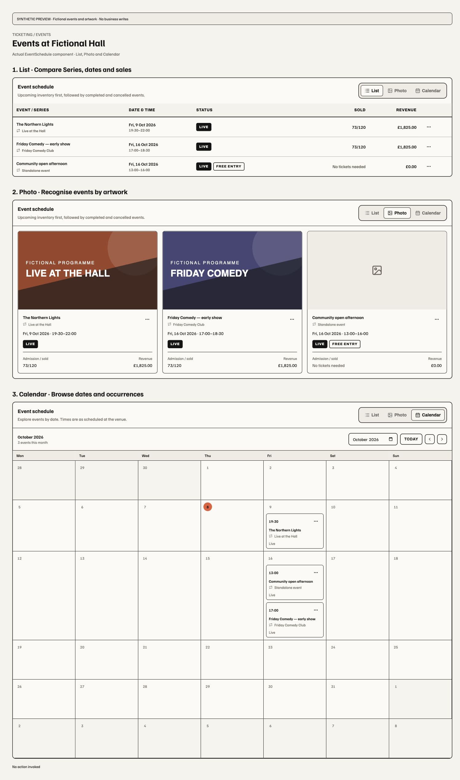 Fictional Event schedule in List, Photo and Calendar views, with Series labels and artwork fallback