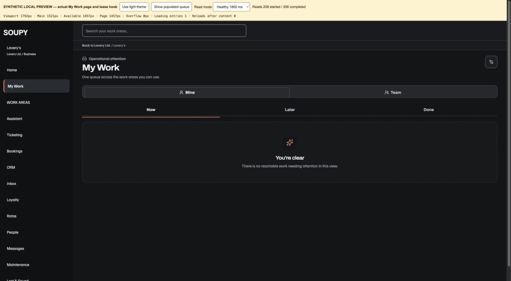 My Work web preview with Mine and Team, Now, Later and Done controls aligned to the full workspace width.