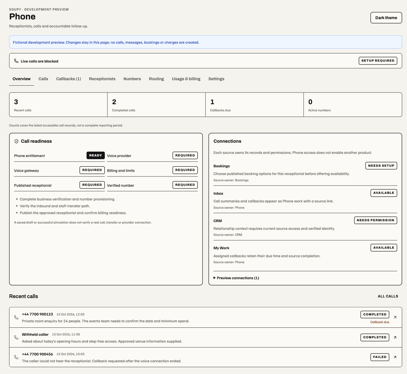 Phone overview with blocked provider readiness and separate callback work