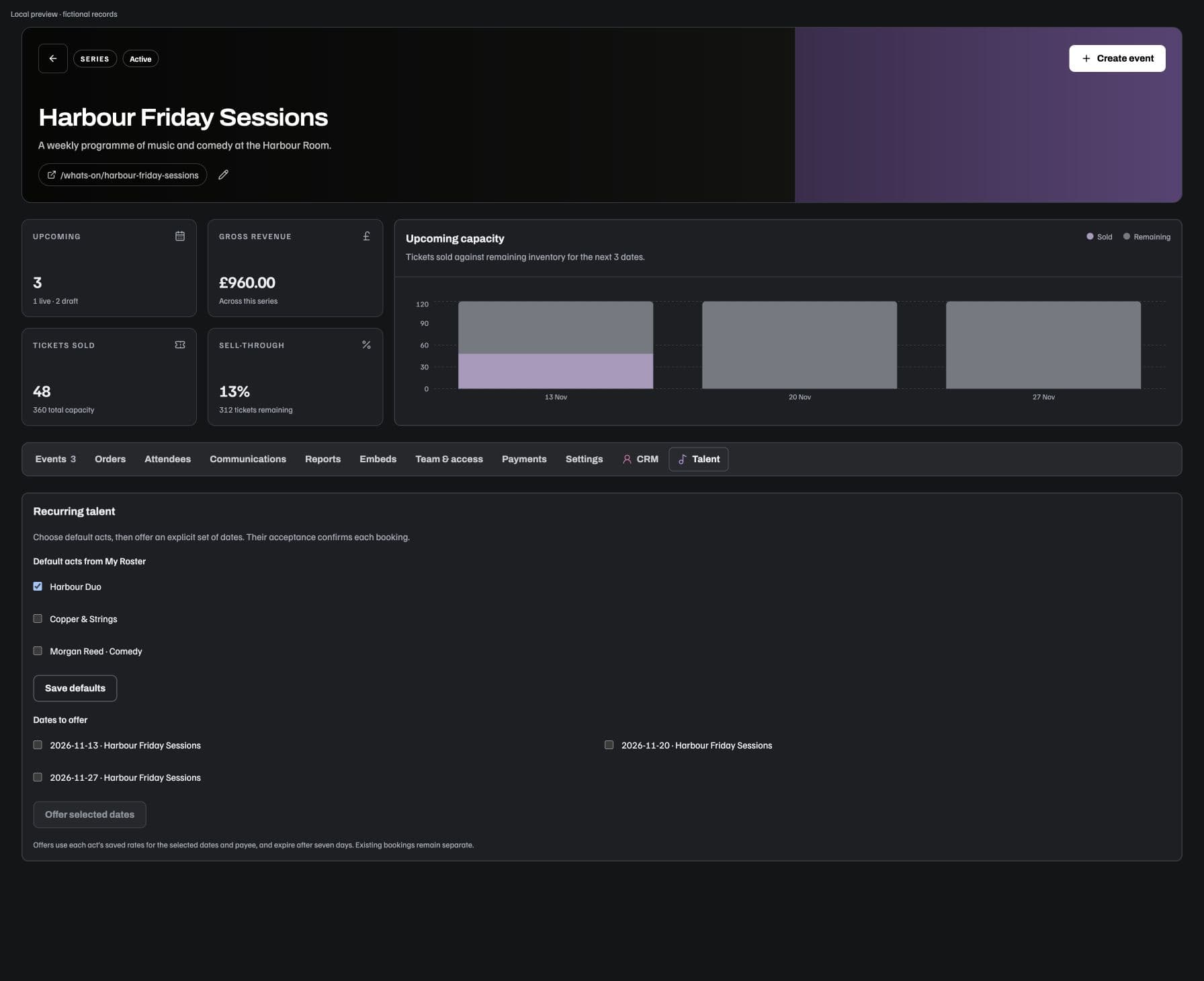 Fictional Series workspace with Talent selected beside CRM and recurring act and date controls below