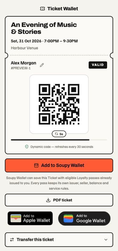Fictional ticket wallet with one event and holder card, live QR, PDF download, official native wallet badges and collapsed transfer controls