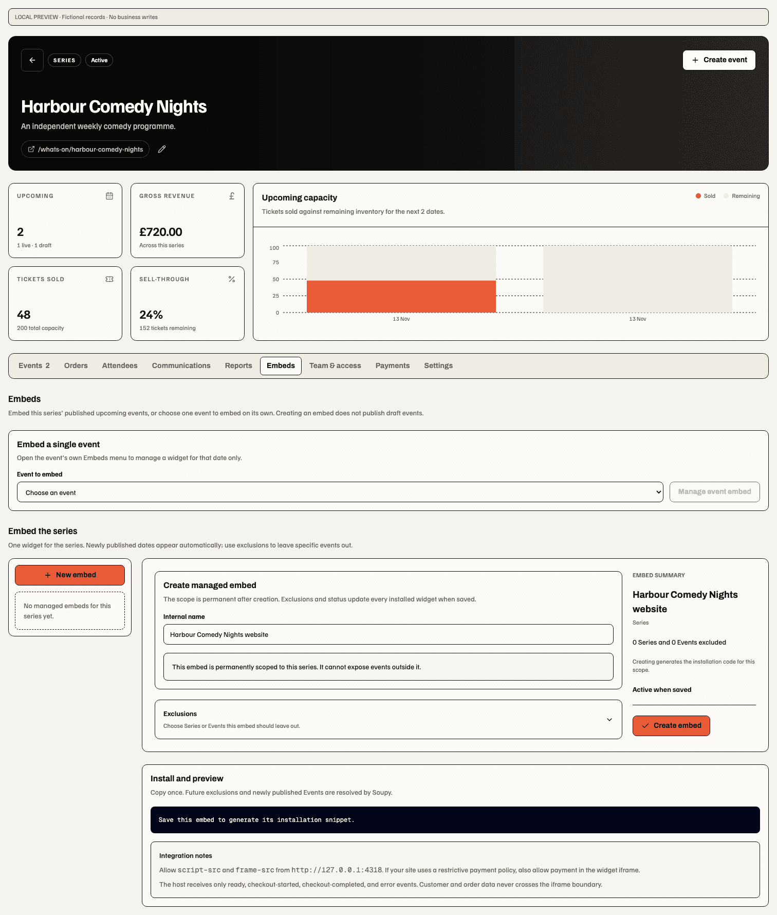 Fictional Series Embeds screen with separate Embeds, Team and access, and Payments menu entries
